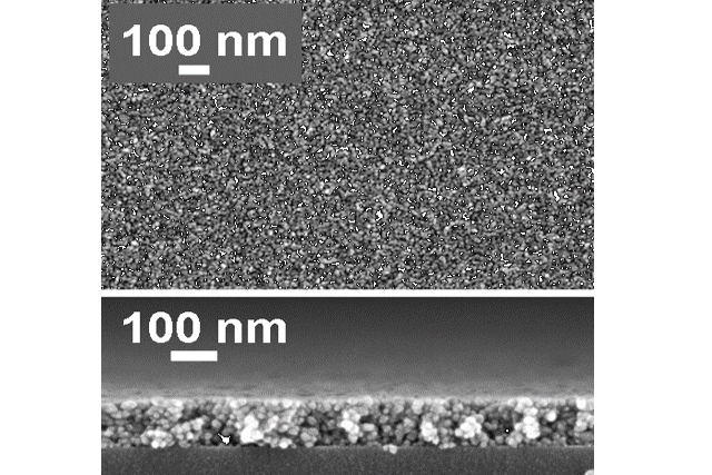 Rasterelektronenmikroskopische Aufnahme einer TiO&lt;sub&gt;2&lt;/sub&gt;-Partikel basierten Schicht in der Aufsicht und im Querschnitt.