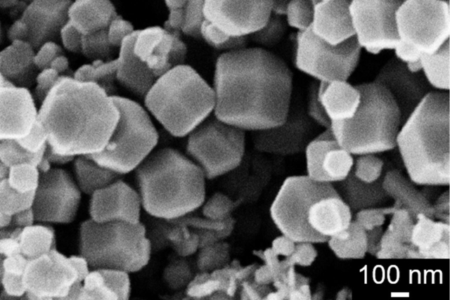 Scanning electron microscope image of the octahedral morphology of inductively heatable iron oxide particles.